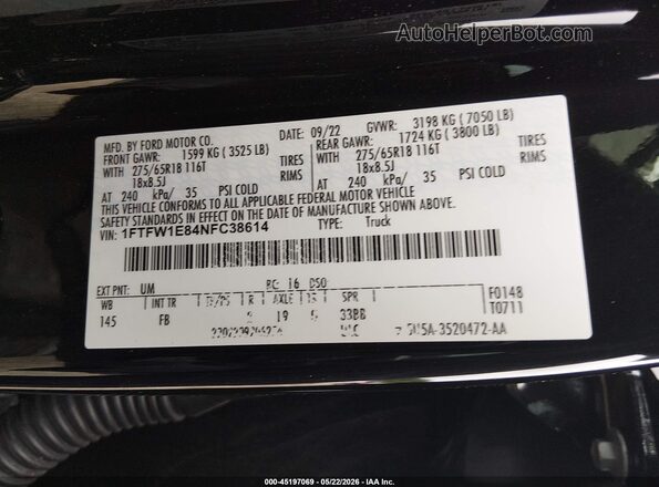 1FTFW1E84NFC38614 2022 FORD F150 Black Widok komory silnika