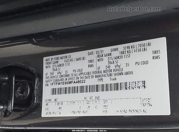 1FTFW1E86MFA48022 2021 FORD F150 Gray 