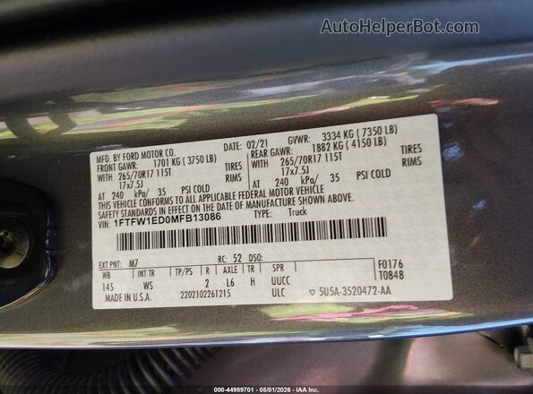 1FTFW1ED0MFB13086 2021 FORD F150 Gray Вид підкапотного простору