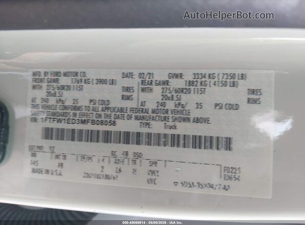 1FTFW1ED3MFB08058 2021 FORD F150 White Engine compartment view