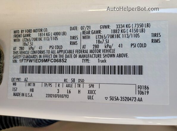1FTFW1ED9MFC06852 2021 FORD F150 Белый Вид подкапотного пространства
