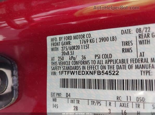 1FTFW1EDXNFB54522 2022 FORD F150 Red Widok komory silnika