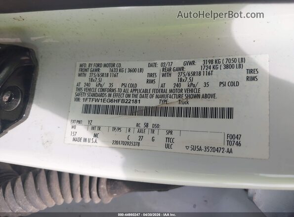 1FTFW1EG6HFB22181 2017 FORD F150 White 
