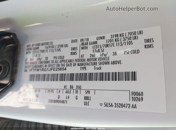 1FTFW1RG1JFE25854 2018 FORD F150 White Շարժիչի բաժամունքի տեսք