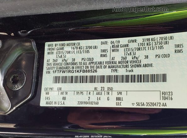 1FTFW1RG1KFB88526 2019 FORD F150 Black ძრავის განყოფილების ხედი
