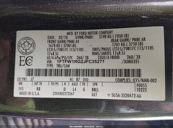 1FTFW1RG2JFC35271 2018 FORD F150 Gray ძრავის განყოფილების ხედი