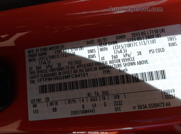 1FTFW1RG2MFC84121 2021 FORD F150 Red Engine compartment view