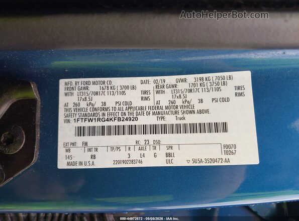 1FTFW1RG4KFB24920 2019 FORD F150 Blue 