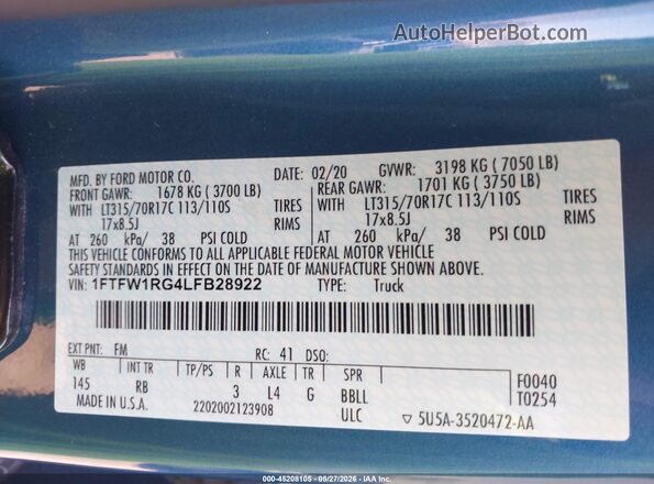 1FTFW1RG4LFB28922 2020 FORD F150 Blue Vista del compartimento del motor