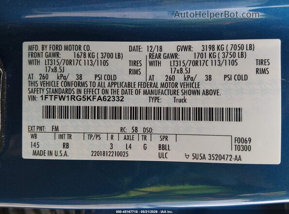 1FTFW1RG5KFA62332 2019 FORD F150 Blue Շարժիչի բաժամունքի տեսք