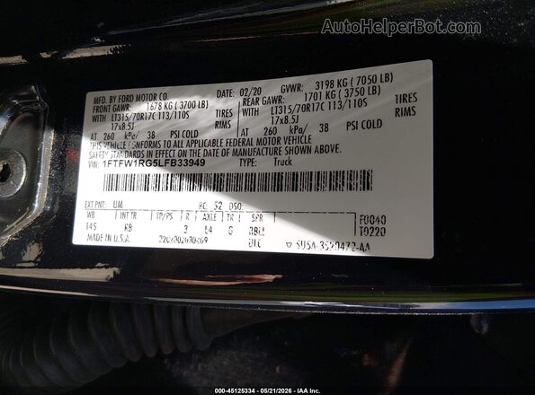 1FTFW1RG5LFB33949 2020 FORD F150 Black 