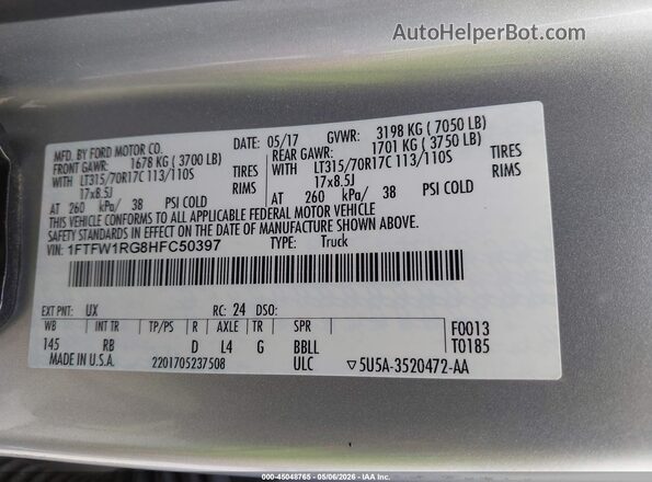 1FTFW1RG8HFC50397 2017 FORD F150 Серебряный Вид подкапотного пространства