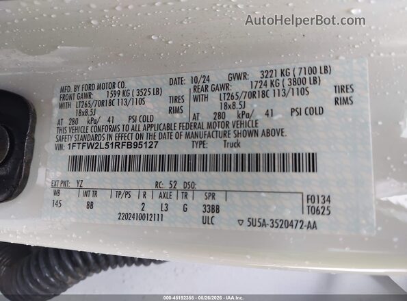 1FTFW2L51RFB95127 2024 FORD F150 White Вид підкапотного простору