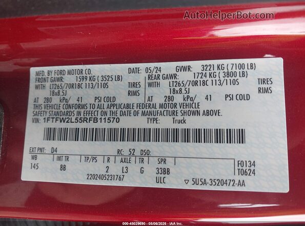 1FTFW2L55RFB11570 2024 FORD F150 Red Շարժիչի բաժամունքի տեսք