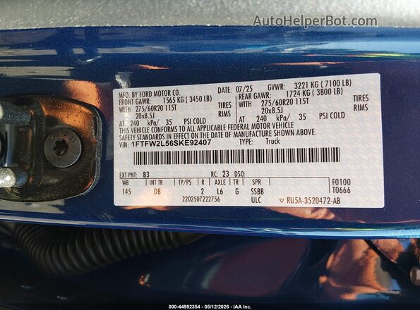 1FTFW2L56SKE92407 2025 FORD F150 Blue Engine compartment view