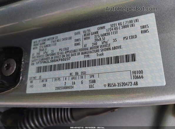 1FTFW2L58SKF60237 2025 FORD F150 Серебряный Вид подкапотного пространства