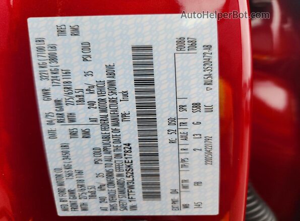 1FTFW3L52SKE17824 2025 FORD F150 Красный Вид наклейки с VIN-кодом