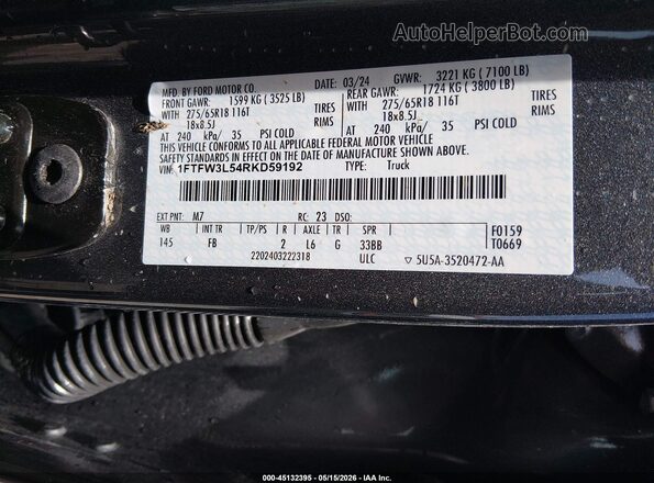 1FTFW3L54RKD59192 2024 FORD F150 Gray Widok komory silnika