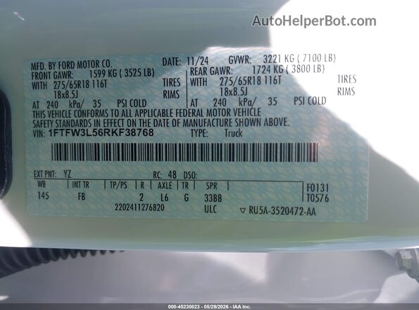 1FTFW3L56RKF38768 2024 FORD F150 White Widok komory silnika
