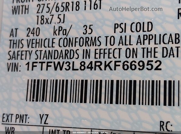 1FTFW3L84RKF66952 2024 FORD F150 Белый Вид подкапотного пространства