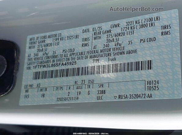 1FTFW3L86SFA45925 2025 FORD F150 White 