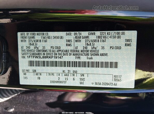 1FTFW3L88RKF19147 2024 FORD F150 Black Widok komory silnika