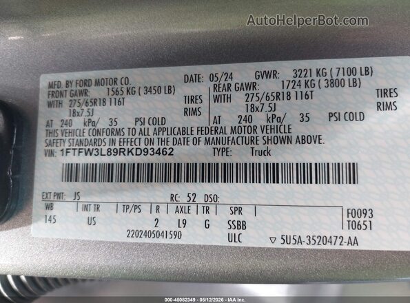 1FTFW3L89RKD93462 2024 FORD F150 Silver Вид підкапотного простору