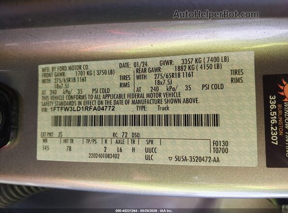1FTFW3LD1RFA04772 2024 FORD F150 Silver Widok komory silnika