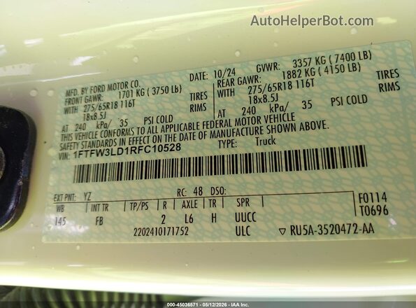 1FTFW3LD1RFC10528 2024 FORD F150 White ძრავის განყოფილების ხედი