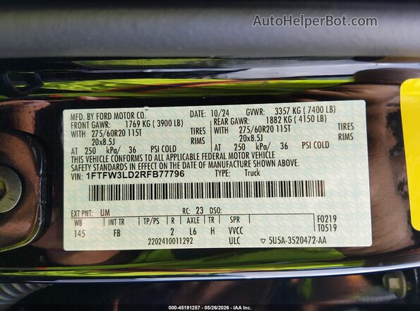 1FTFW3LD2RFB77796 2024 FORD F150 Black Engine compartment view