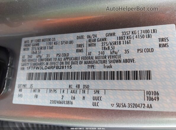 1FTFW3LD4RFB28115 2024 FORD F150 Silver 