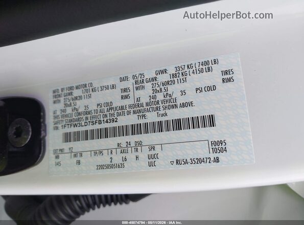 1FTFW3LD7SFB14392 2025 FORD F150 White 