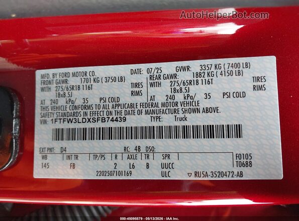 1FTFW3LDXSFB74439 2025 FORD F150 Red Engine compartment view