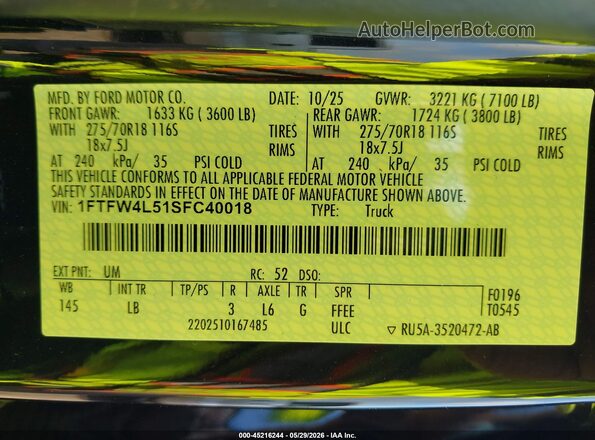 1FTFW4L51SFC40018 2025 FORD F150 Black Вид підкапотного простору