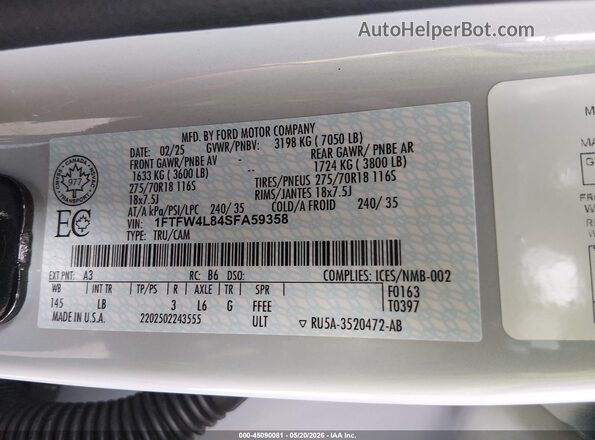 1FTFW4L84SFA59358 2025 FORD F150 Gray Widok komory silnika