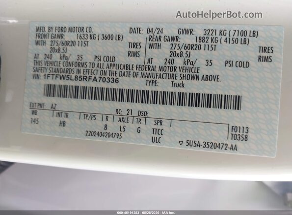 1FTFW5L85RFA70336 2024 FORD F150 Белый Вид подкапотного пространства