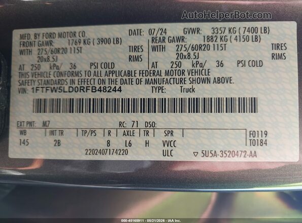 1FTFW5LD0RFB48244 2024 FORD F150 Серый Вид подкапотного пространства