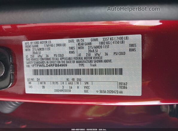 1FTFW5LD4RFB84969 2024 FORD F150 Red Widok komory silnika