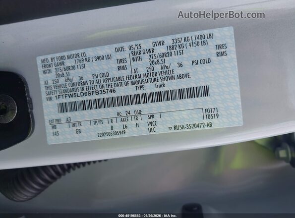 1FTFW5LD6SFB35746 2025 FORD F150 Blue Շարժիչի բաժամունքի տեսք