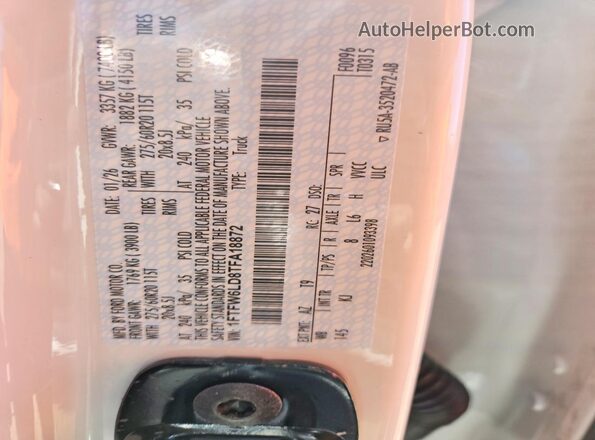 1FTFW6LD8TFA18872 2026 FORD F150 White Vista de la etiqueta del VIN