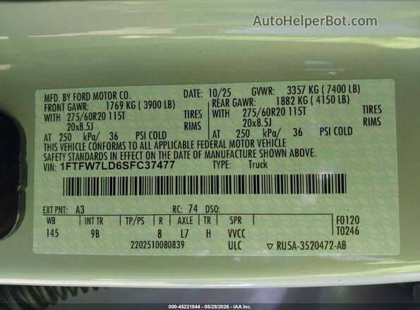 1FTFW7LD6SFC37477 2025 FORD F150 Gray Շարժիչի բաժամունքի տեսք