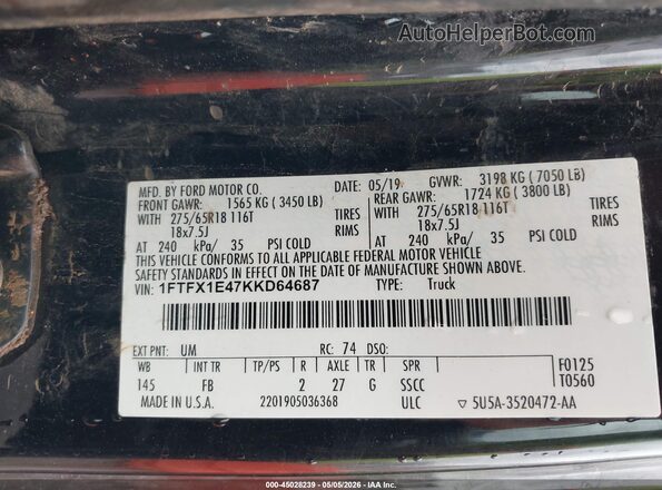 1FTFX1E47KKD64687 2019 FORD F150 Black Вид підкапотного простору