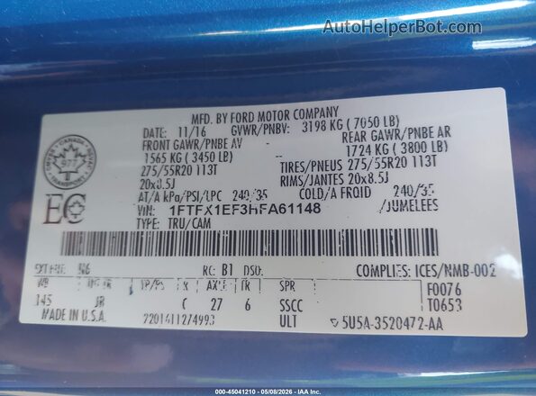 1FTFX1EF3HFA61148 2017 FORD F150 Blue Շարժիչի բաժամունքի տեսք