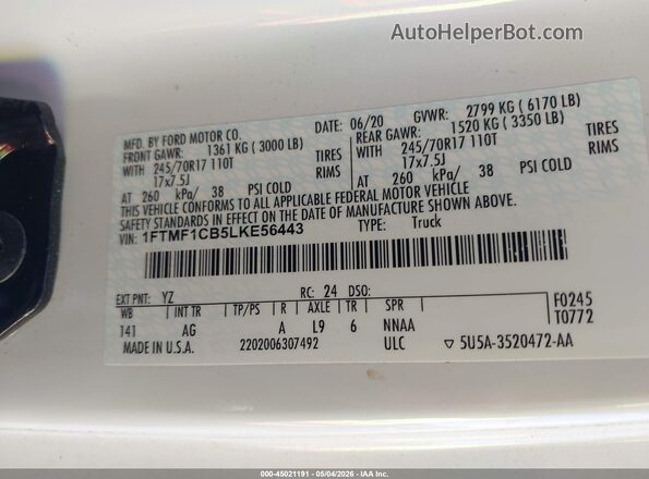 1FTMF1CB5LKE56443 2020 FORD F150 White Vista del compartimento del motor