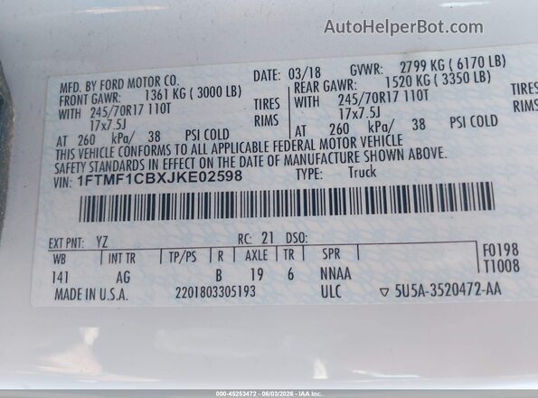 1FTMF1CBXJKE02598 2018 FORD F150 White Вид підкапотного простору