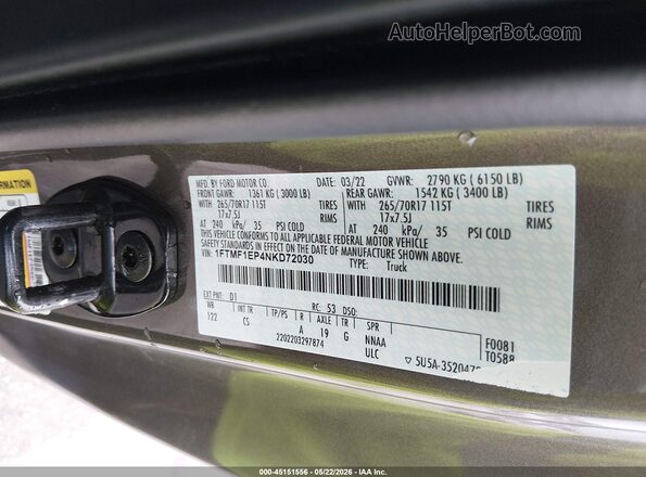 1FTMF1EP4NKD72030 2022 FORD F150 Brown Vista del compartimento del motor