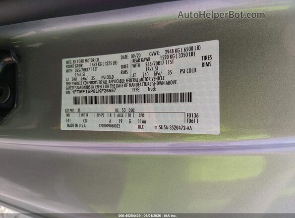 1FTMF1EP8LKF26557 2020 FORD F150 Silver Շարժիչի բաժամունքի տեսք