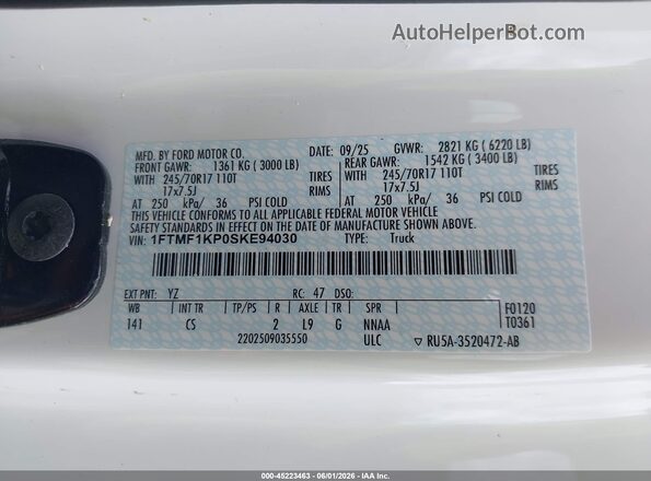 1FTMF1KP0SKE94030 2025 FORD F150 White Vista del compartimento del motor