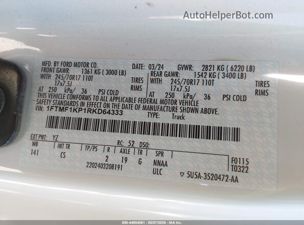 1FTMF1KP1RKD64333 2024 FORD F150 White Widok komory silnika