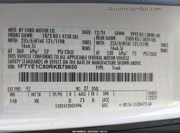 1FTYE1C80RKB79850 2024 FORD TRANSIT-150 White Շարժիչի բաժամունքի տեսք